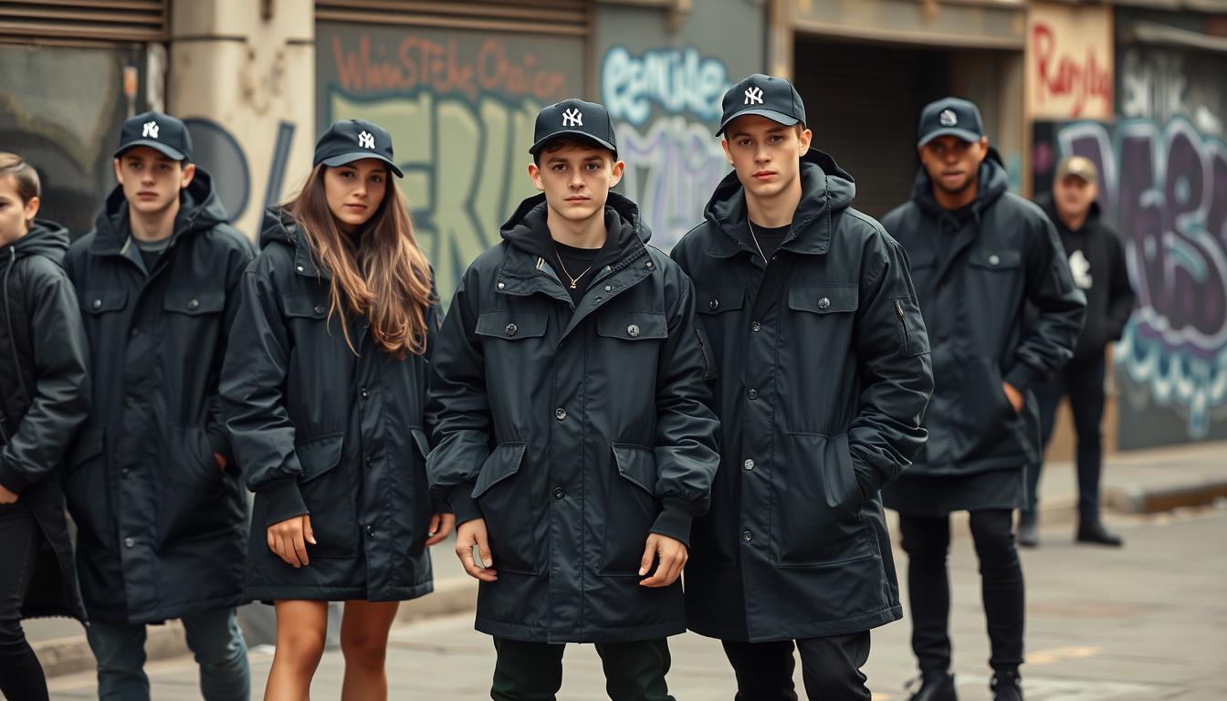 Grupa młodych ludzi w charakterystycznych drill outfits - luźne czarne ubrania, kurtki puffer i czapki